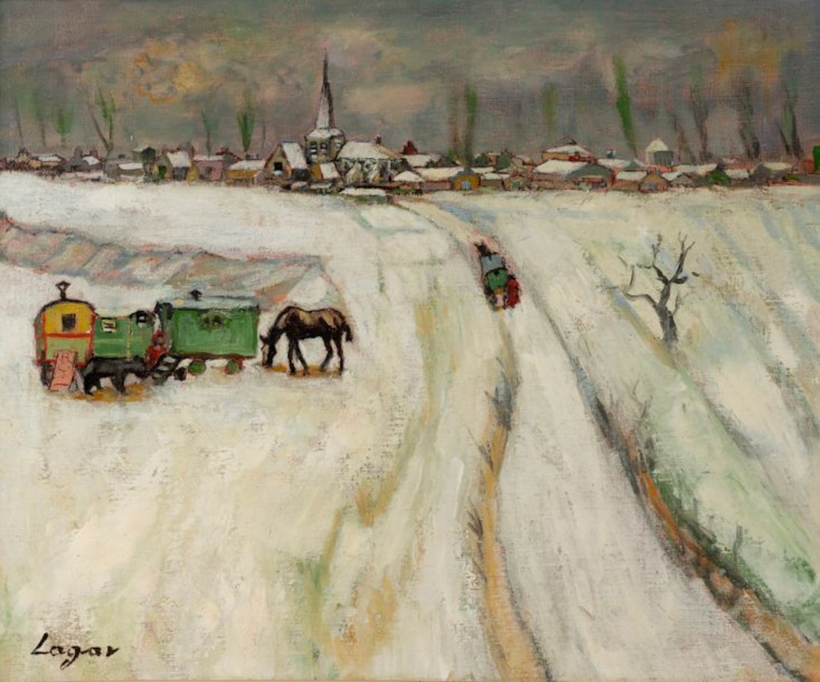 Winter under the snow, caravan at the entrance to a village by Celso Lagar