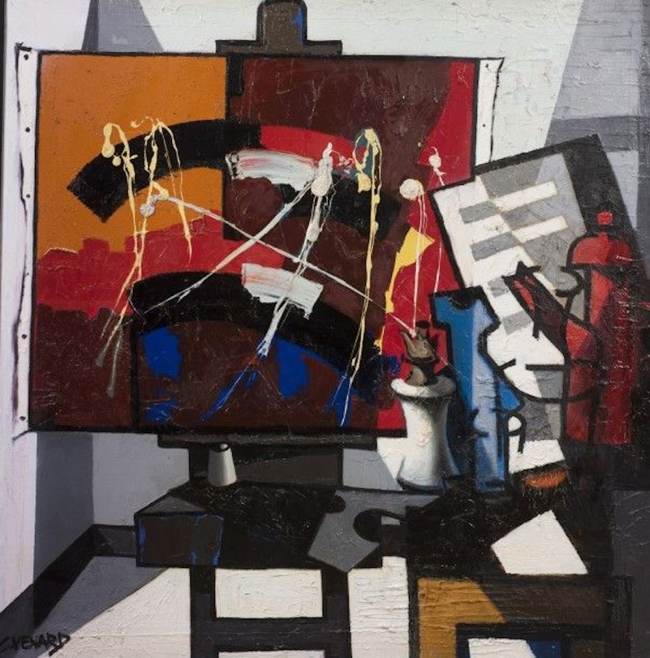 Still life with red coffee pot and easel by Claude Venard