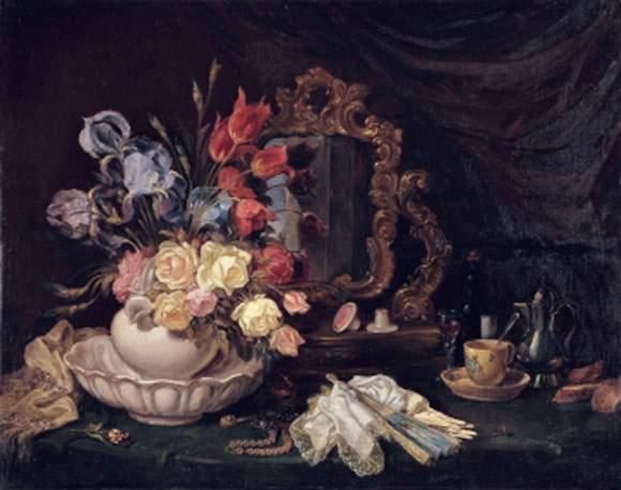 Still life with bouquet of flowers, fan and dressing table by French School