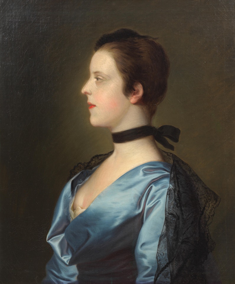 Portrait of a lady, bust-length, in profile, wearing a blue dress by English School