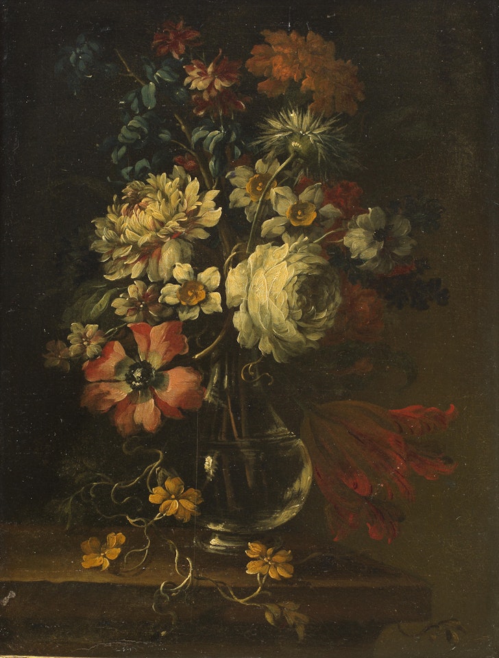 Still life of flowers in a glass vase on a stone ledge by Gasparo Lopez