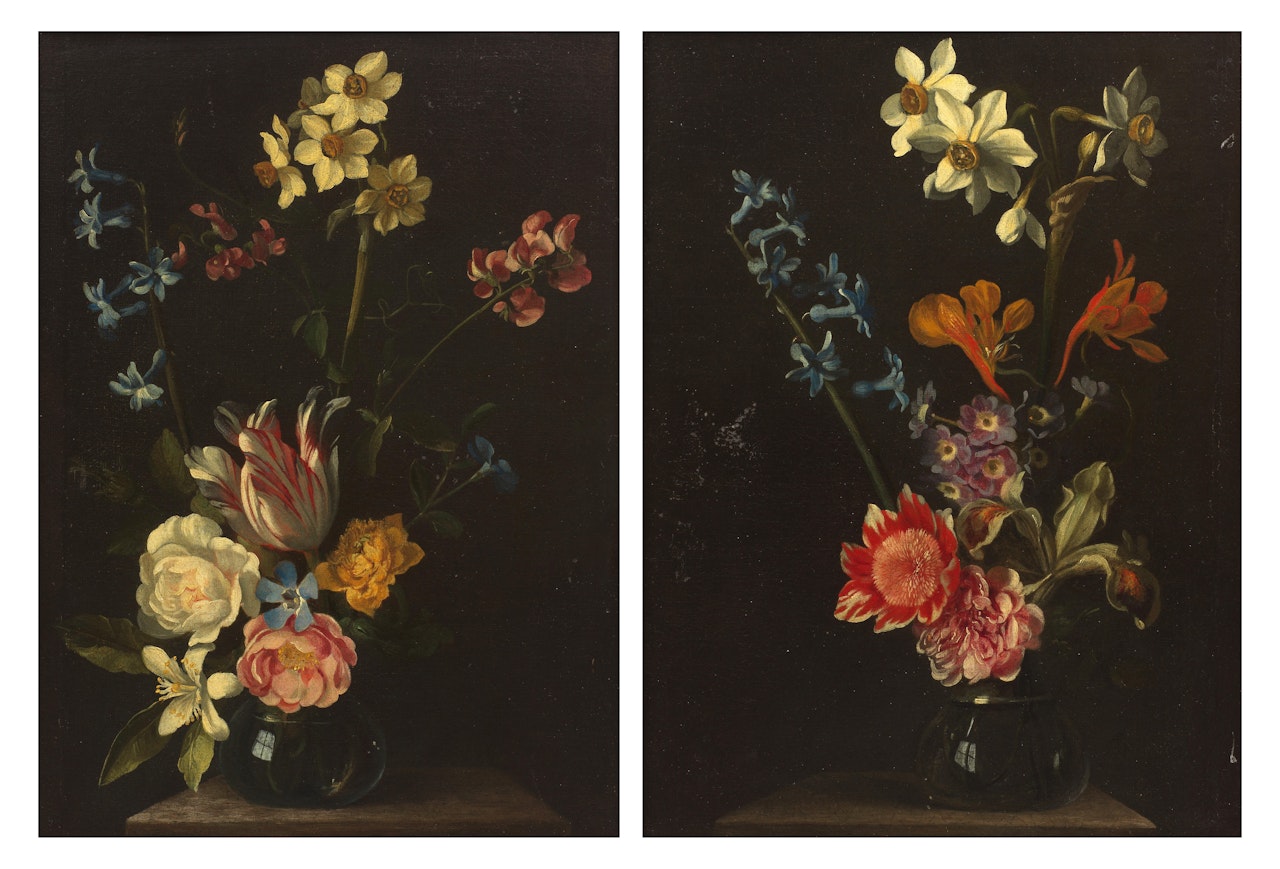 Still lifes of spring flowers in glass vases on stone ledges by French School