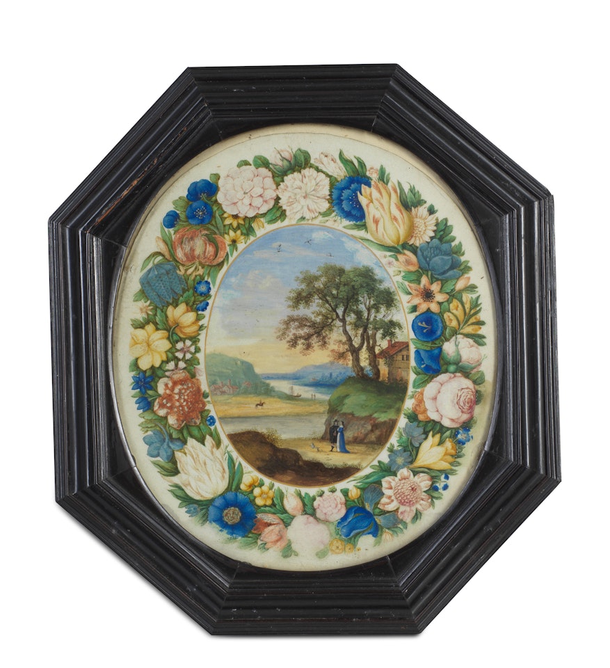 An elegant couple in a landscape, surrounded by a garland of flowers by Flemish School