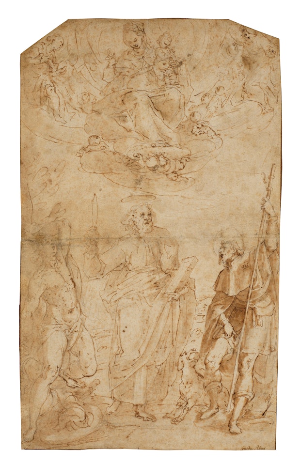 The Madonna and Child on a nimbus adored by Saints Sebastian, Bartholomew and Roch by BOLOGNESE SCHOOL