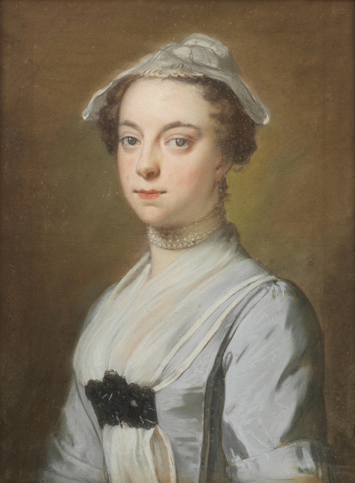 Portrait of Frances Vandewall, née Ingram, later Mrs George Augustus Killigrew, in a blue dress and pearl necklace by William Hoare of Bath