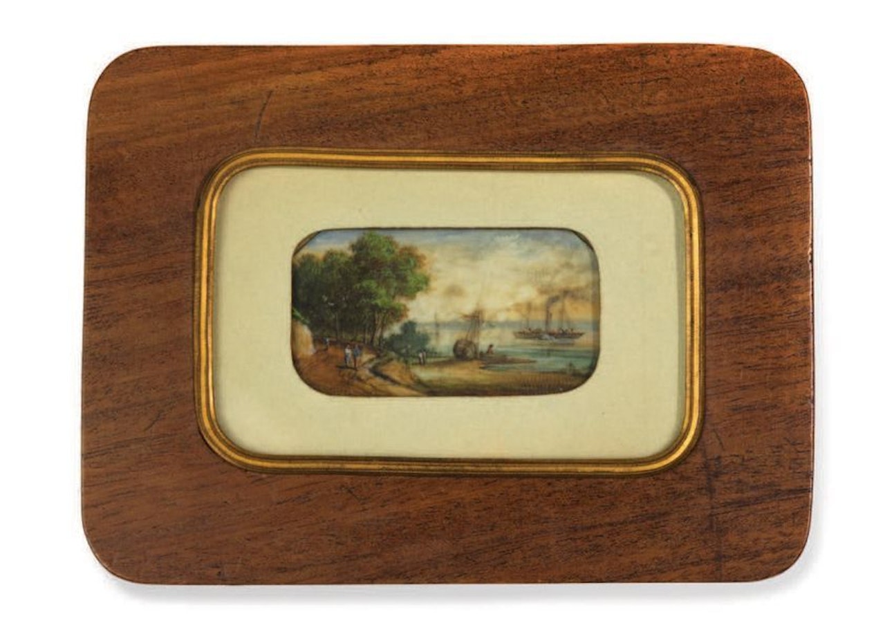 Rectangular miniature painted on ivory depicting an animated motherboard scene by French School