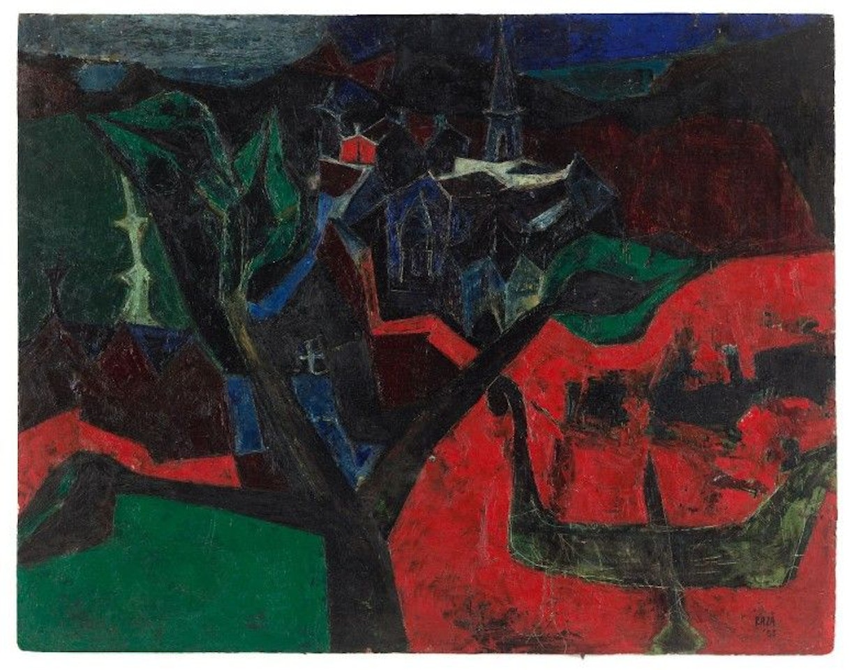 Untitled, (houses and boats) by Sayed Haider Raza