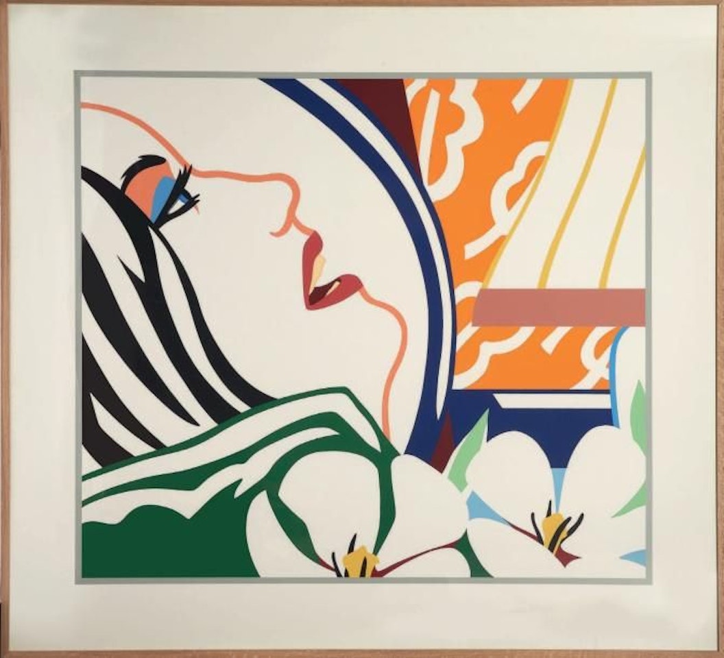 Bedroom face with orange wallpaper by Tom Wesselmann