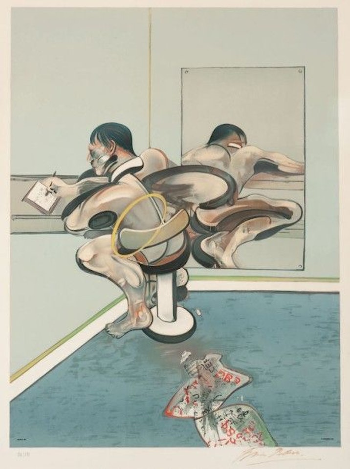 Figure writing reflected in a mirror by Francis Bacon