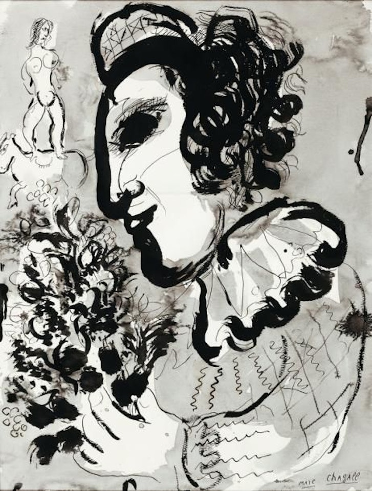 Clown with a bouquet of flowers by Marc Chagall