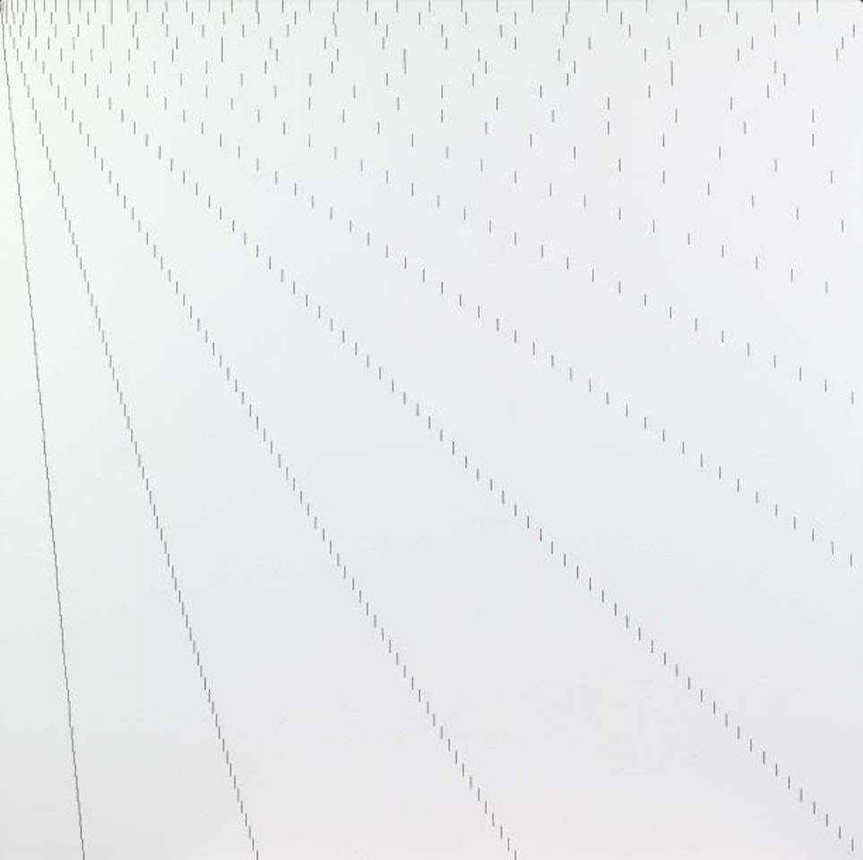 Vertical dashes with each row increasing from left to right for the 1st row by 2 mm, for the 2nd row by 4 mm, for the 3rd row by 6 mm etc... by Francois Morellet