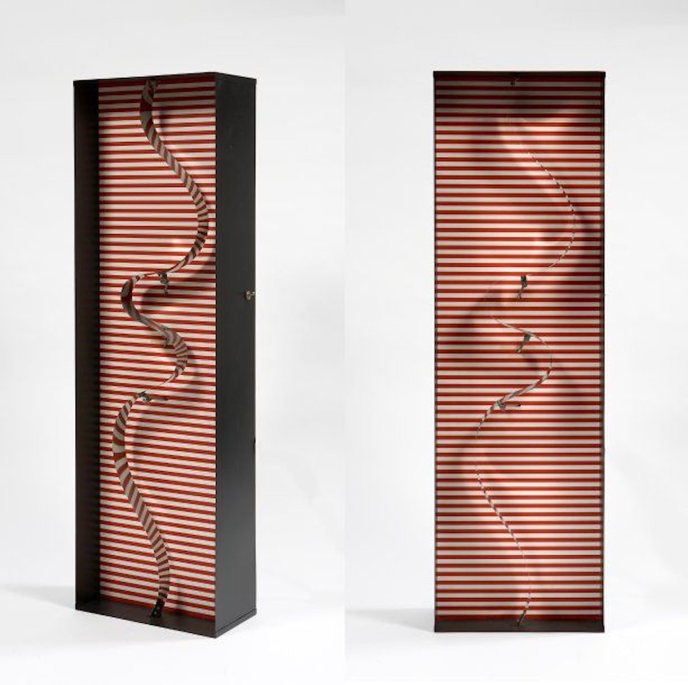 Contorted shapes on red frames by Julio Le Parc