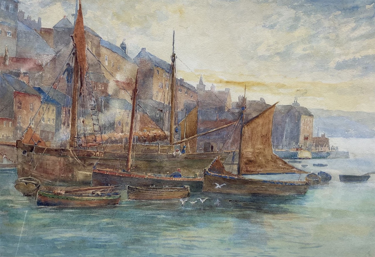 Fishing Boats in Whitby Harbour by English School