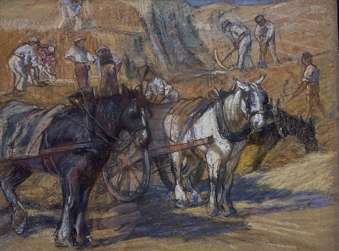 Workmen with Horses and Carts Quarrying by English School
