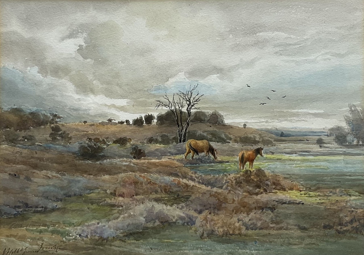 Horses Grazing in Moorland Landscape by English School
