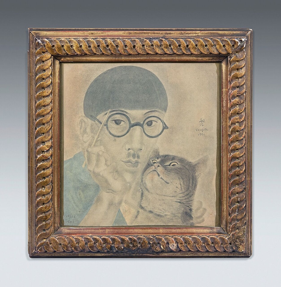 Self-portrait with cat by Leonard Tsuguharu Foujita