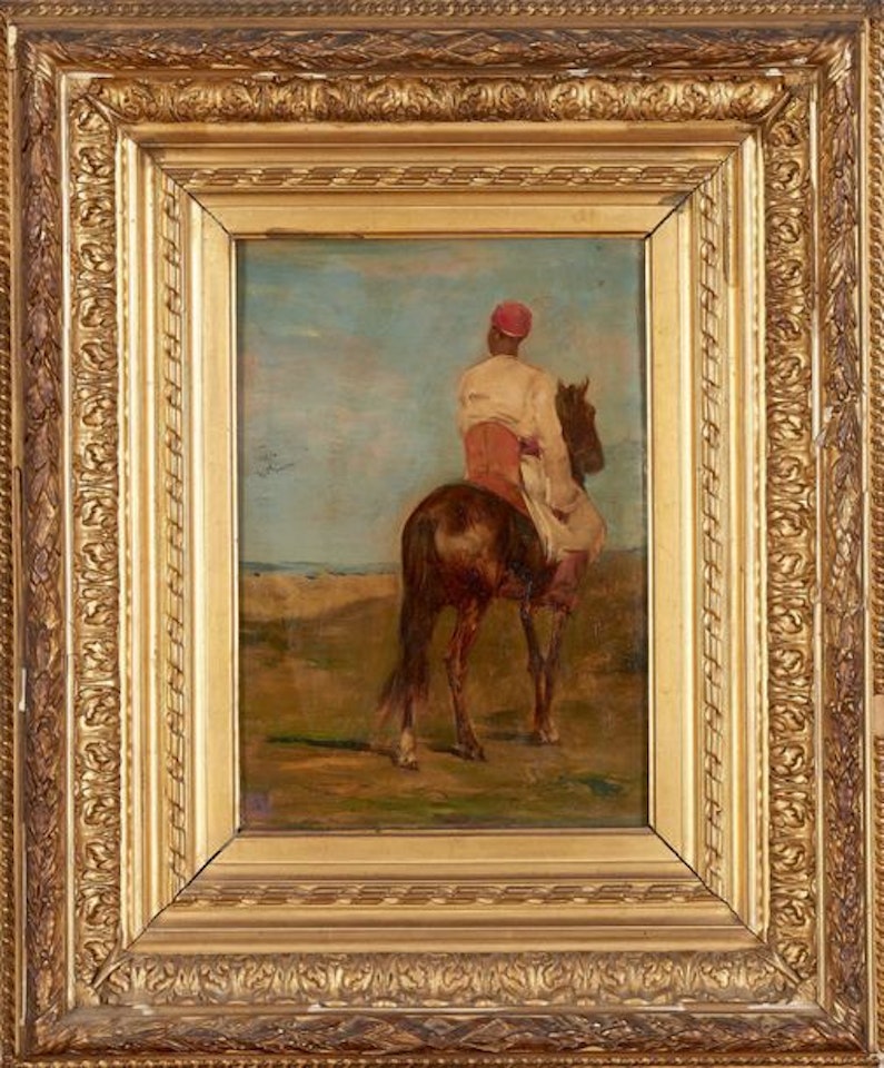 Arab mounted on a bay horse, seen from behind by Eugene Fromentin