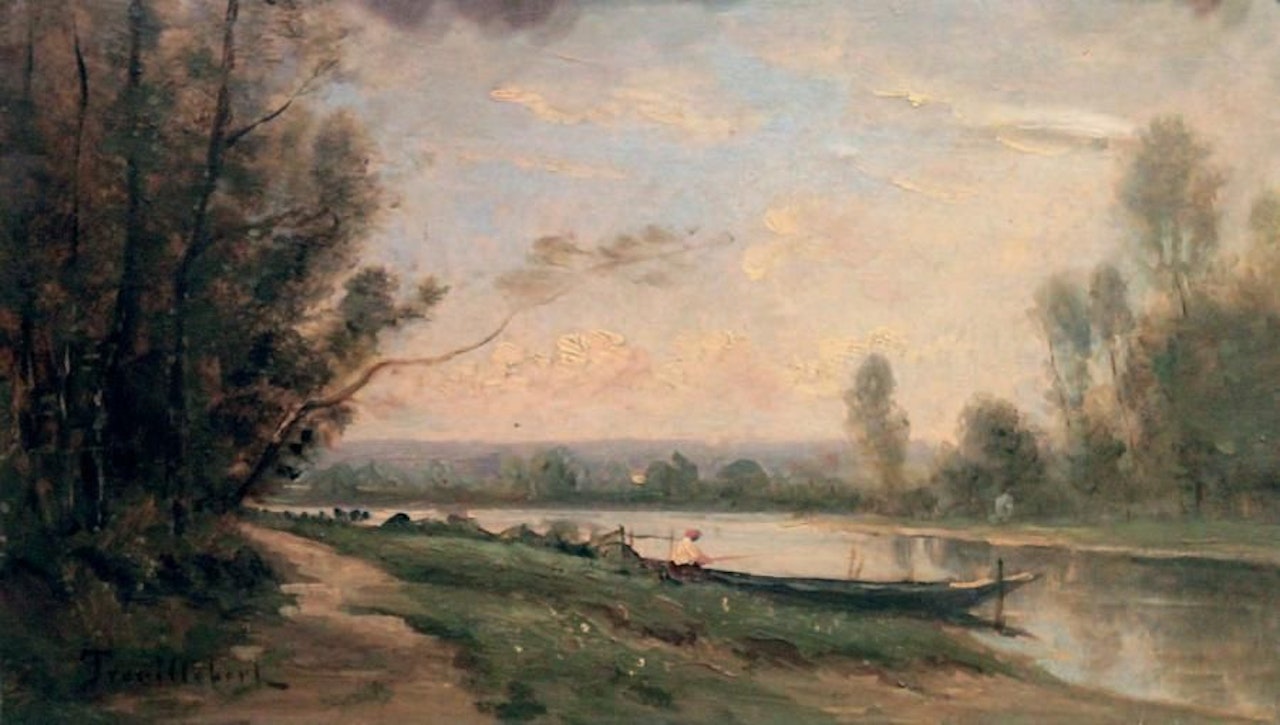 Fisherman in boat by Paul Désiré Trouillebert