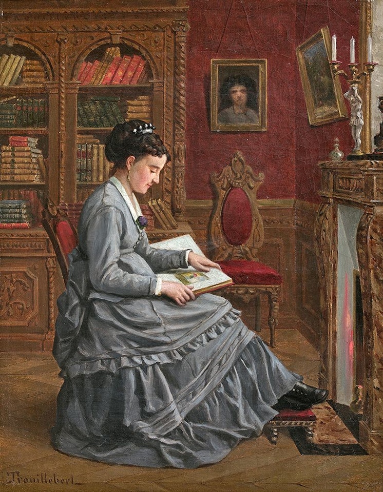 Woman reading in front of her fireplace by Paul Désiré Trouillebert