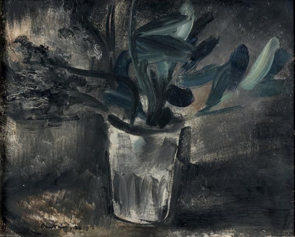 Branch of leaves on glass by Jean Fautrier