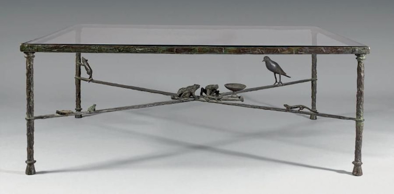 Large “toads with raccoon, pigeon and lizards” coffee table by Diego Giacometti