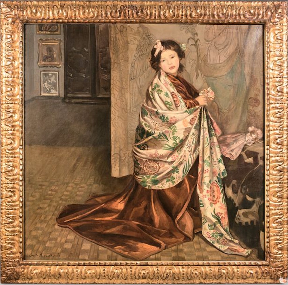 Girl with a flowered shawl in front of a tapestry by Emile Bernard