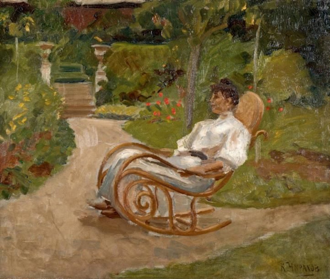 Woman in a rocking chair in a garden by Russian School