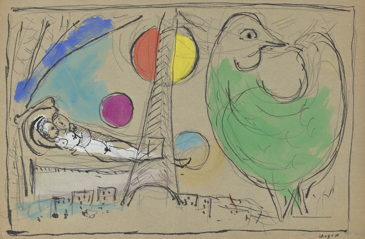 Les amoureux et le coq à la Tour Eiffel by Marc Chagall