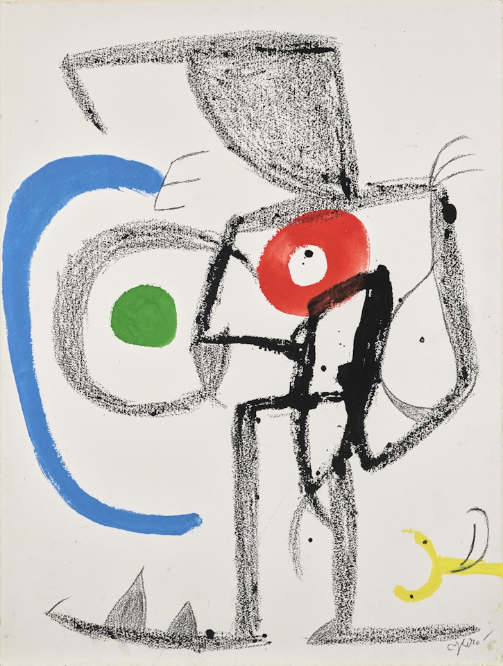 Personnage poursuivi par un bel oiseau jaune by Joan Miró