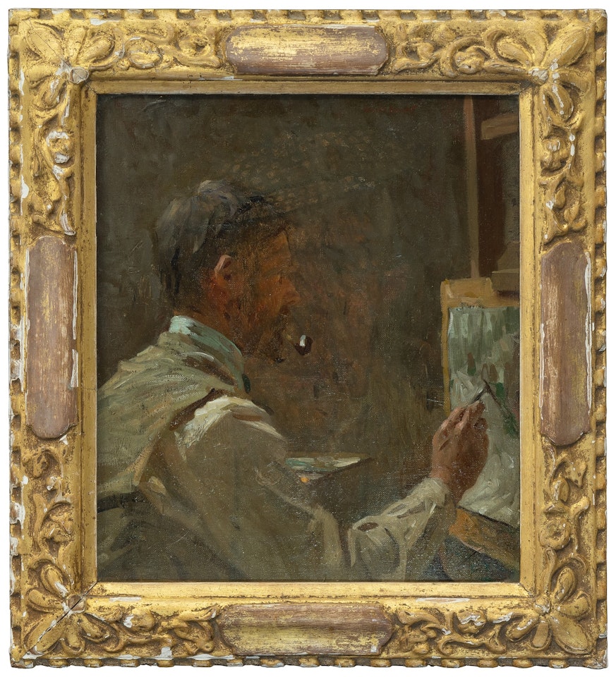 Portrait of Lamorna Birch at his easel by Harold Knight
