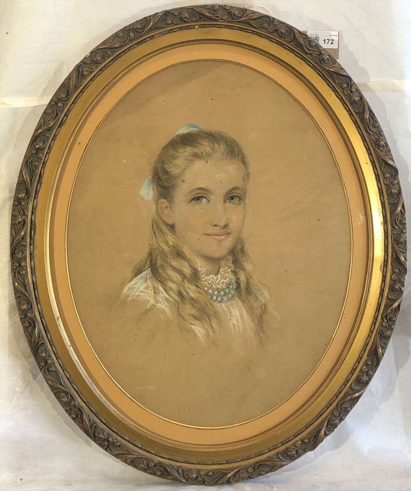 Portrait of a Young Lady, with Blue Ribbon and Beads by English School