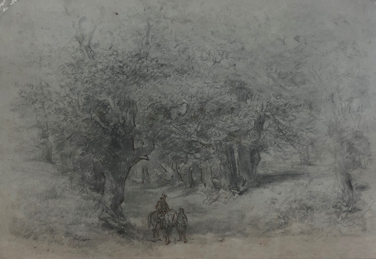 A Woodland Scene with Rider on Horseback by English School