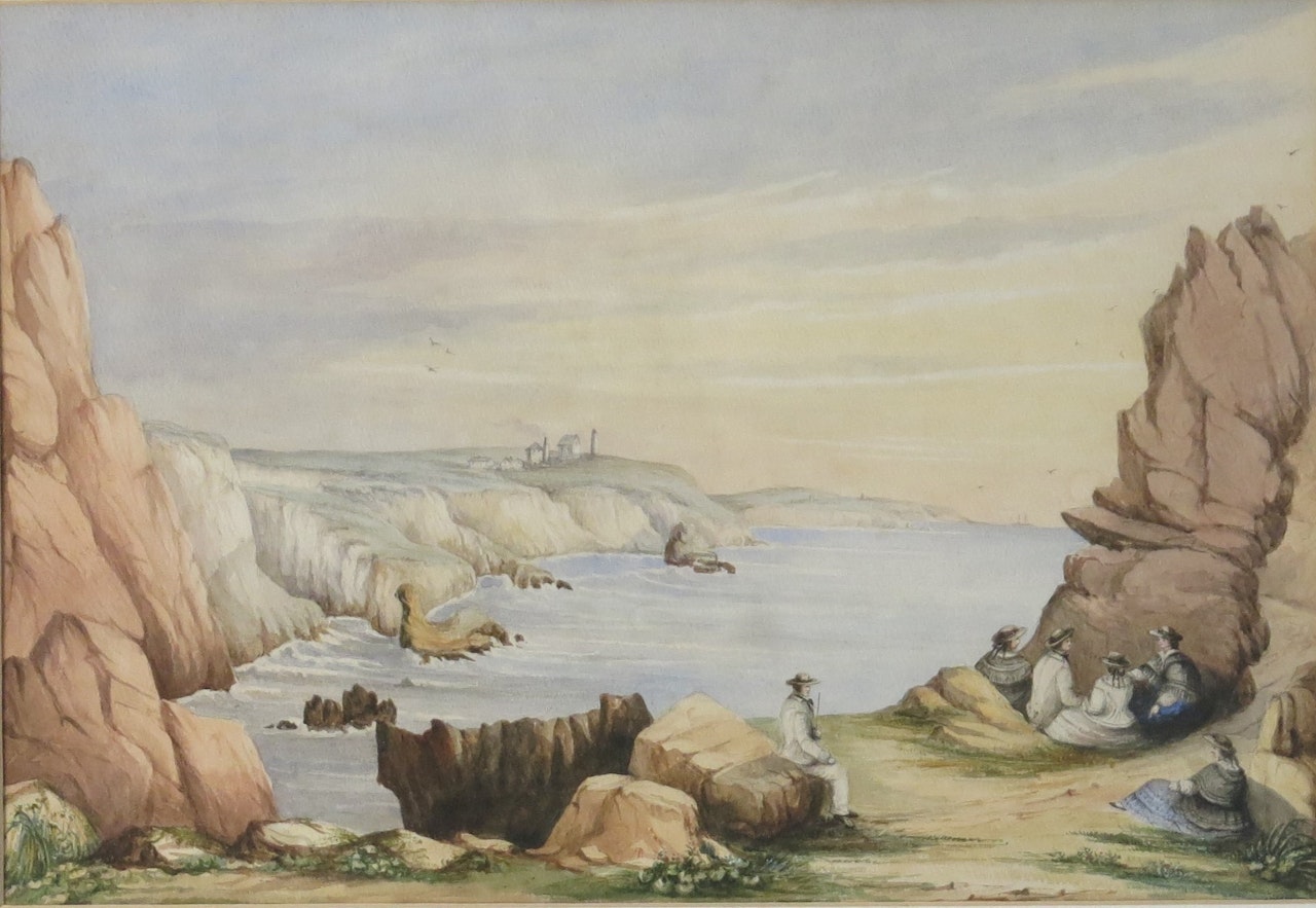 Cornish Coastal Landscape with Travellers at Rest by English School