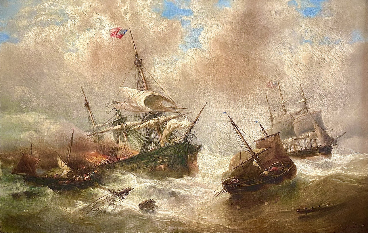 English Man-of-war Ablaze by François Etienne Musin