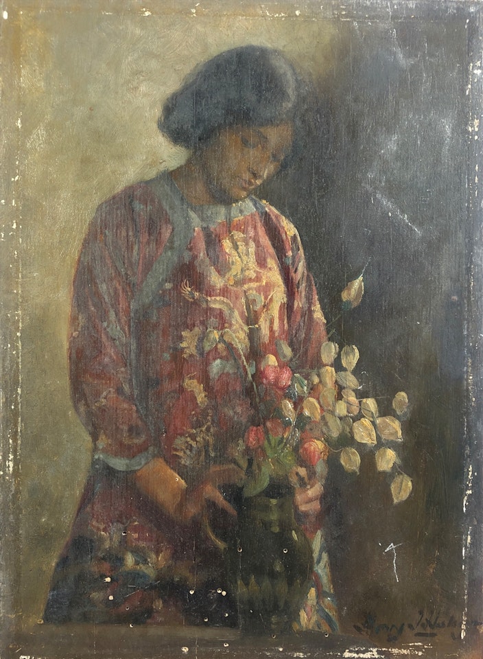 Portrait of a Young Woman in Oriental Dress, Holding a Vase of Flowers by English School