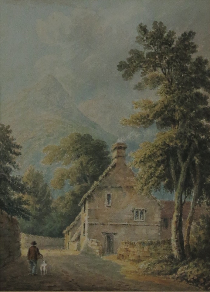 A Man and His Dog by a House, in a Mountainous Landscape by English School