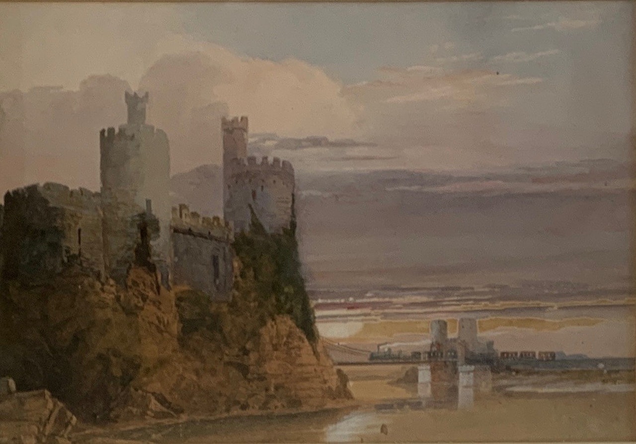 A Castle with a Steam Train Crossing a Bridge by English School