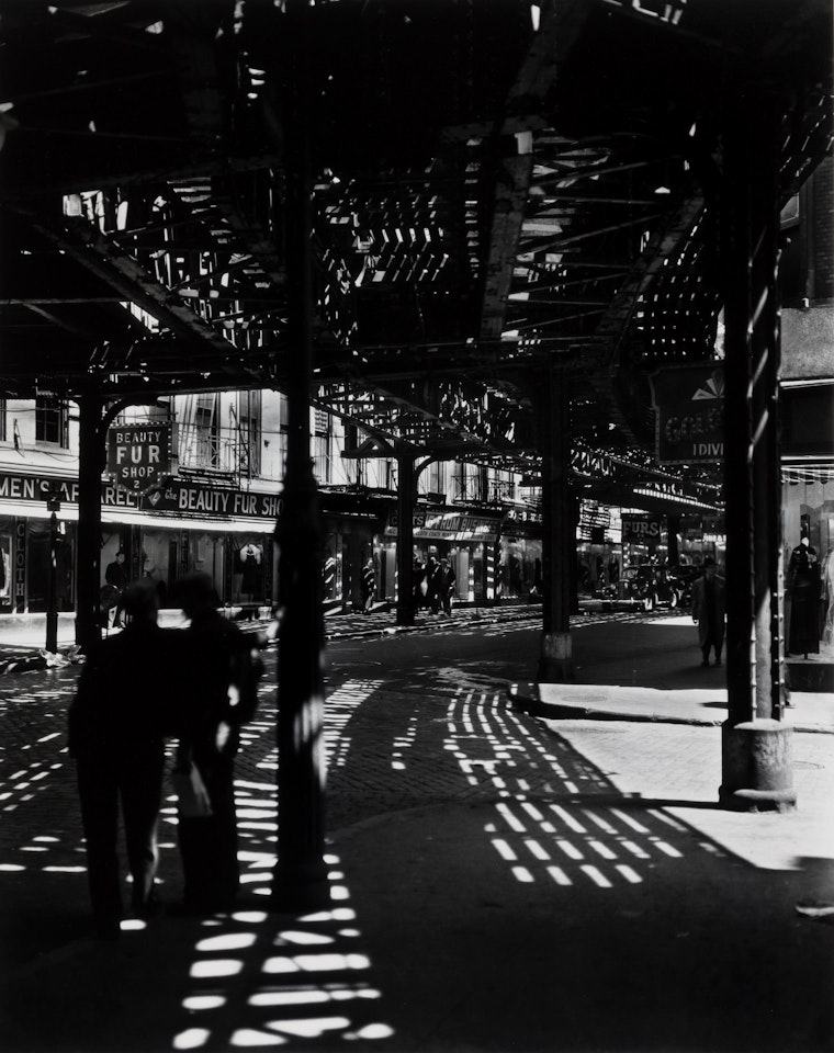 The El, 2nd and 3rd Avenue Lines, Bowery and Division Street, Manhattan (From "Retrospective Portfolio") by Berenice Abbott