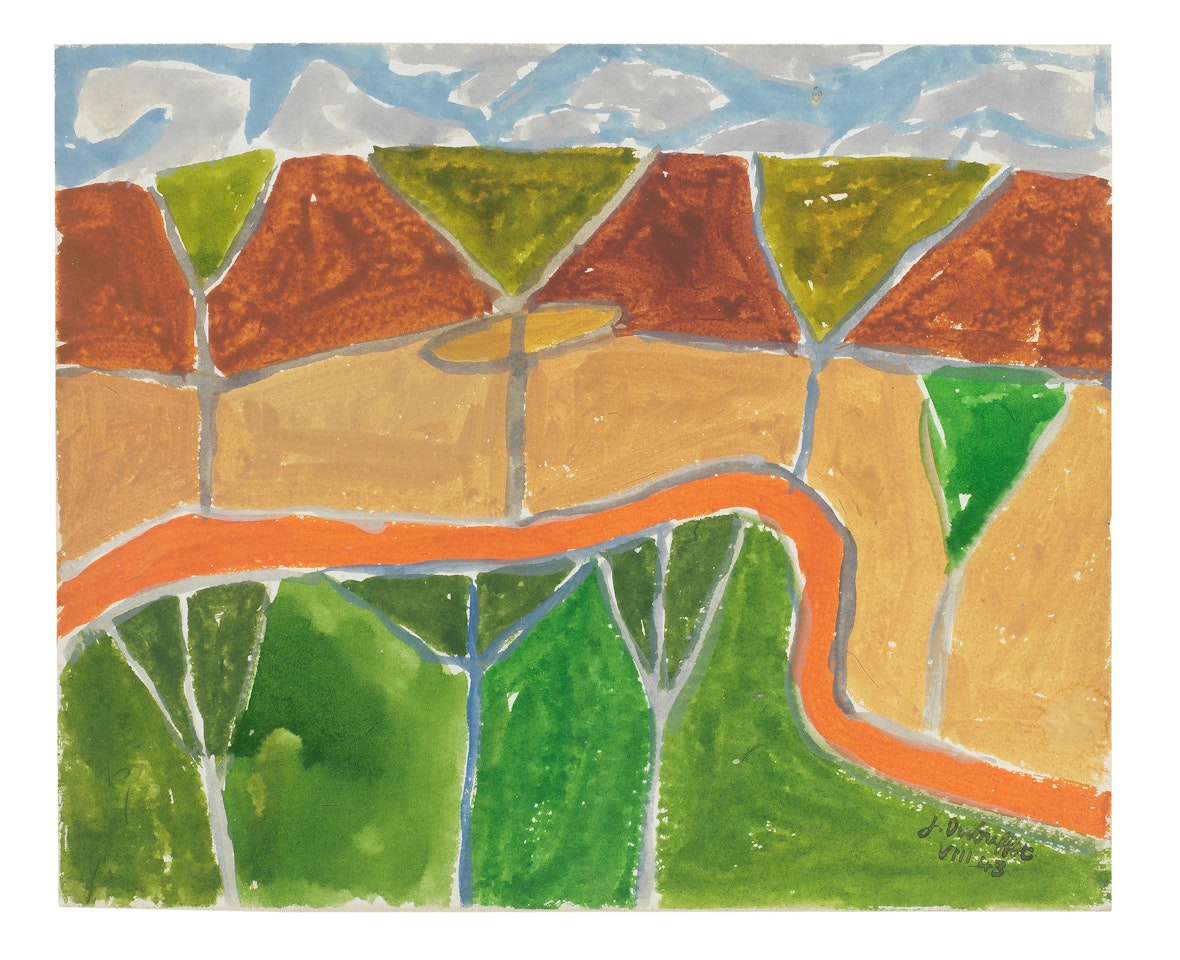 Paysage avec route, champs, arbres by Jean Dubuffet