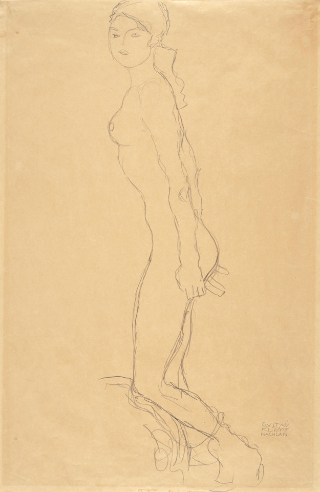 Mädchenakt nach links, das linke Knie aufgestützt by Gustav Klimt