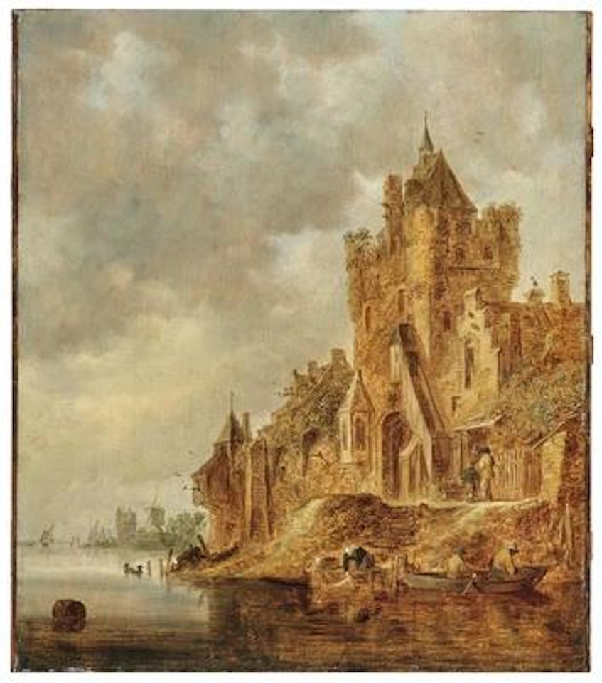 A fortified tower along a river with fishermen by Jan van Goyen
