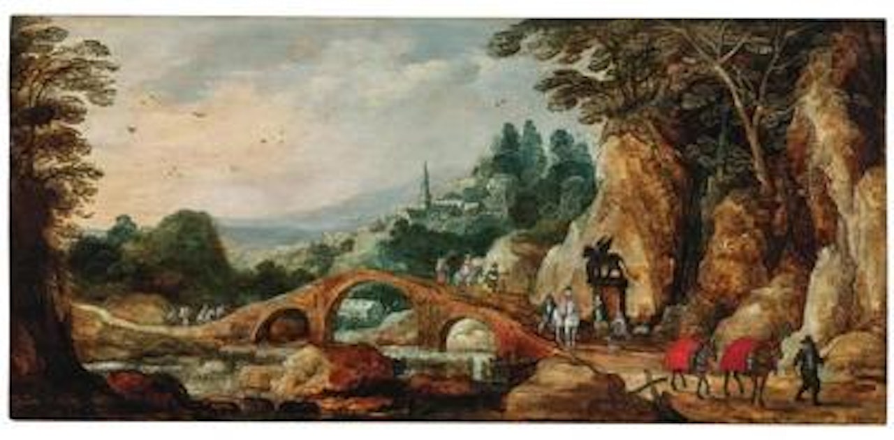 A rocky landscape with riders near a bridge by Joos de Momper the Younger