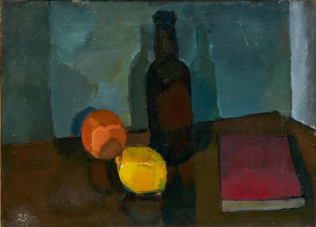 Bottle, book and fruits on table by Ragnar Sandberg