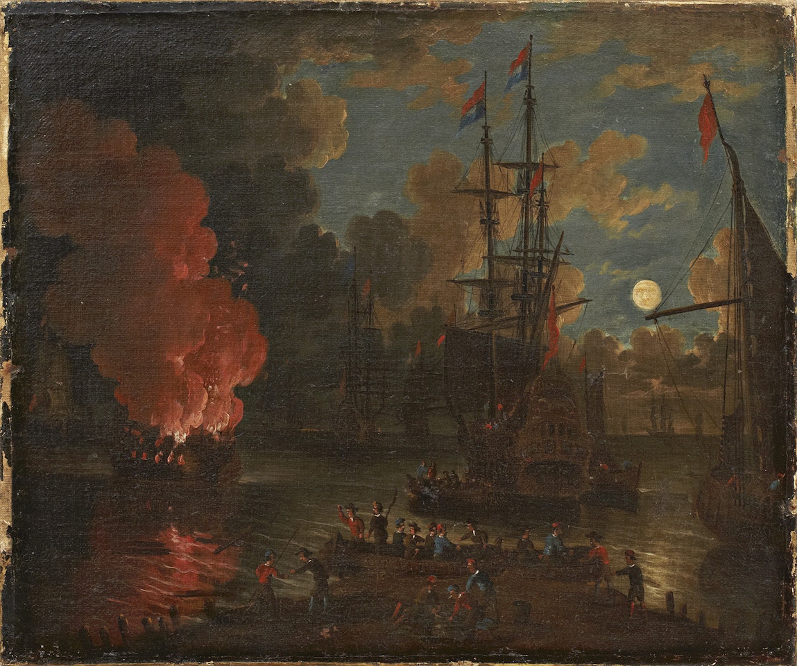Figures in a coastal landscape with burning ships by moonlight by Pieter van de Velde