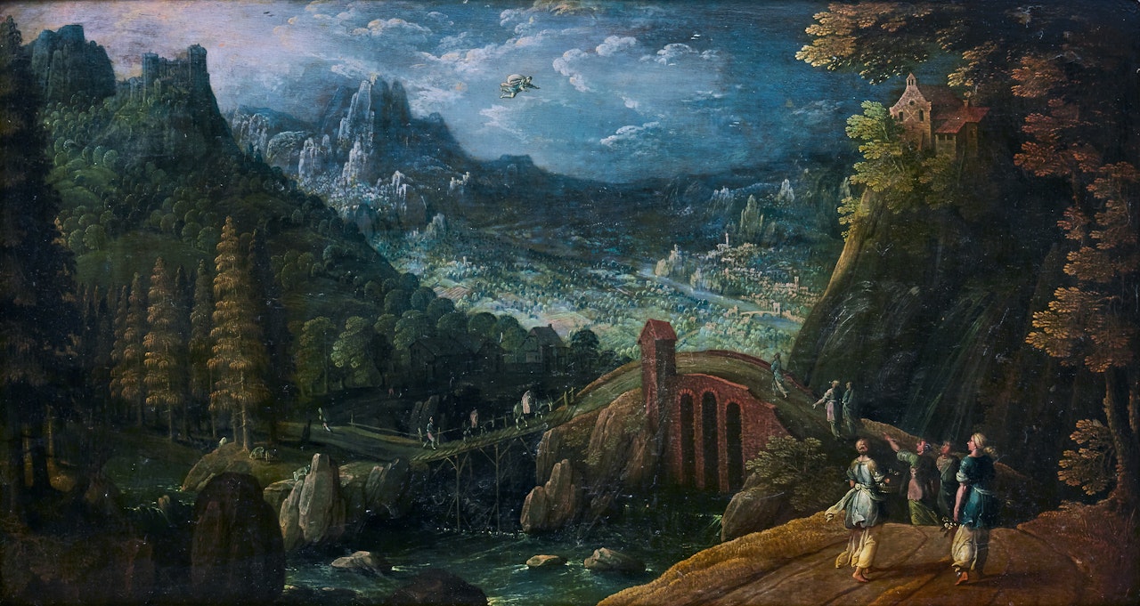 Lanscape with Herse and her maids spotted by Mercury on their way to the temple of Minerva (Ovid, Metamorphoses, II) by Tobias Verhaecht
