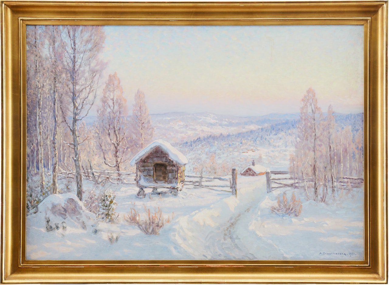 Log house in a sunlit winter landscape by Anshelm Schultzberg
