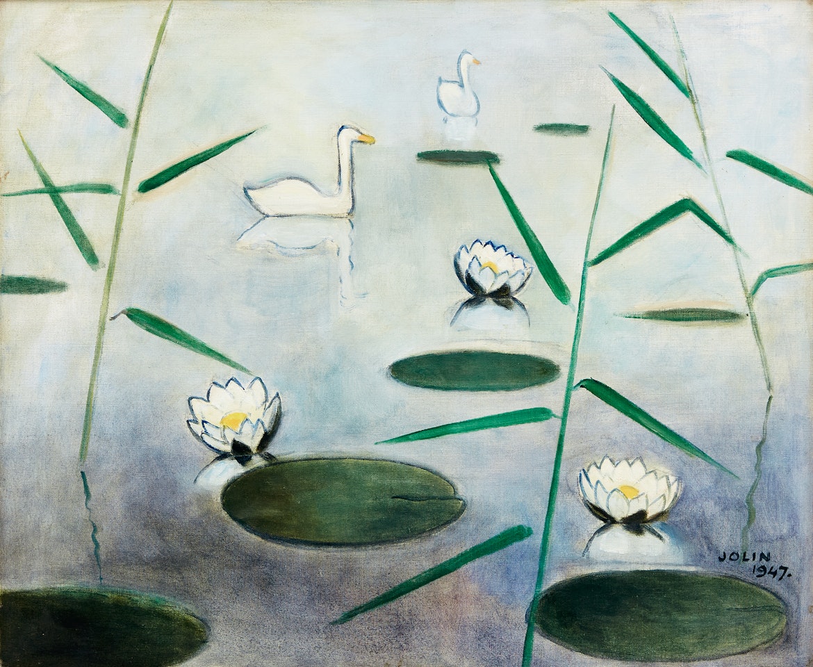 Swans in the water lily pond by Einar Jolin