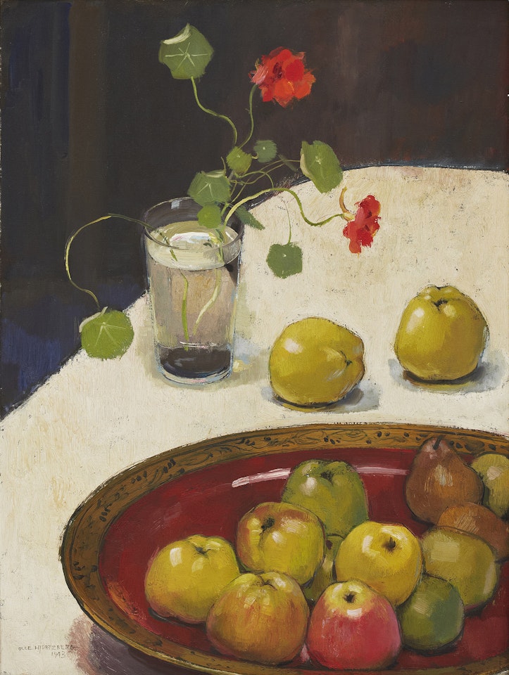 Still life with cress and apples by Olle Hjortzberg