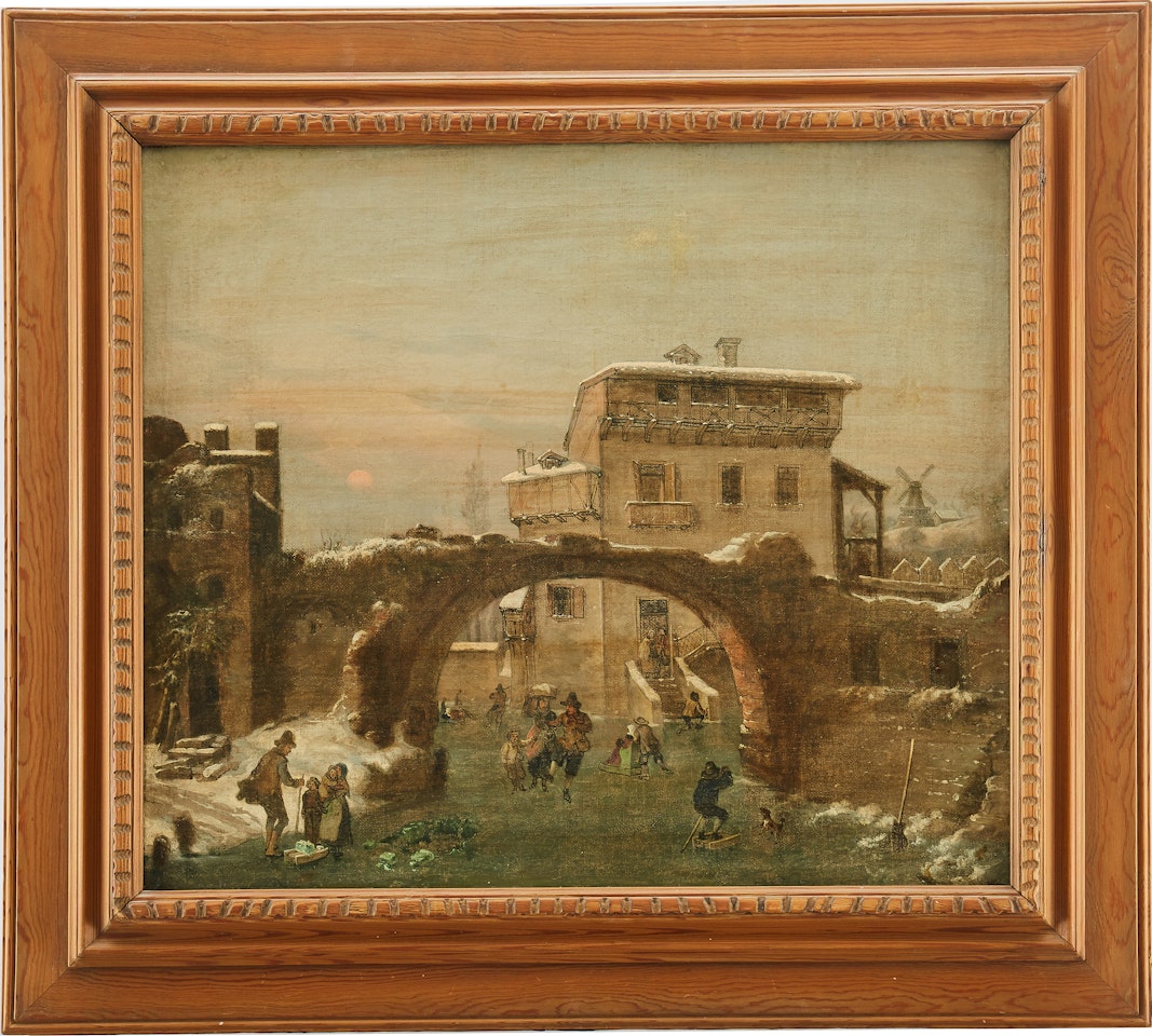 Cityscape in winter time with ice skaters by Dutch School