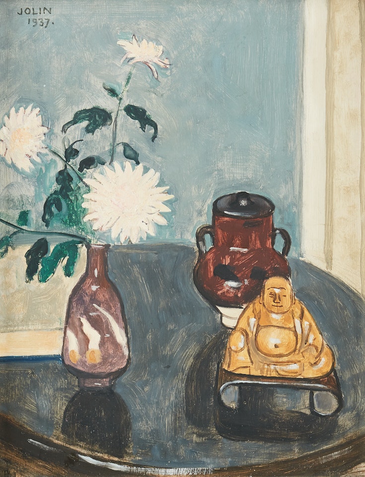 Still life with white chrysanthemums and Buddha figure by Einar Jolin